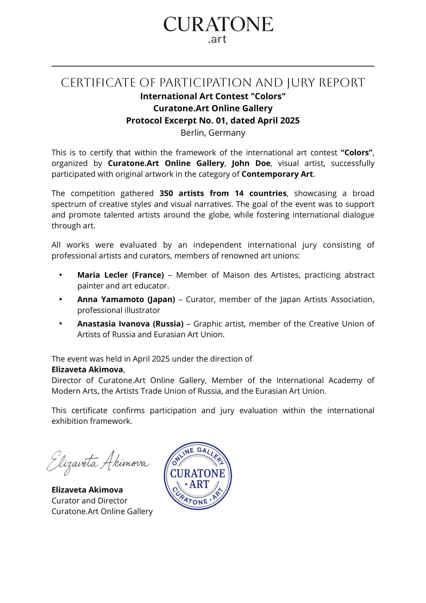 Certificate of participation and jury report
